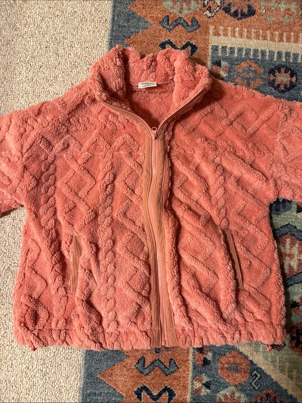 Plush Zip-Up Teddy Jacket in Coral Peach